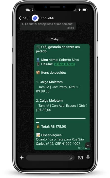 Pedido feito no catálogo digital chegando pelo WhatsApp da loja