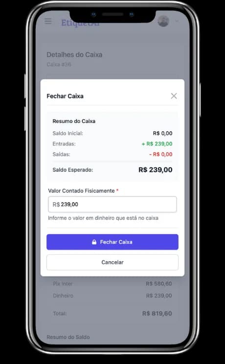 Conferência e fechamento de caixa no EtiquetAi comparando saldo físico e esperado