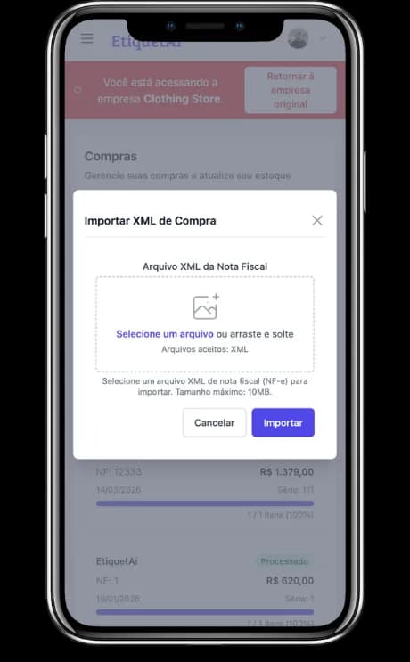 Tela de entrada de estoque do EtiquetAi importando o XML da compra