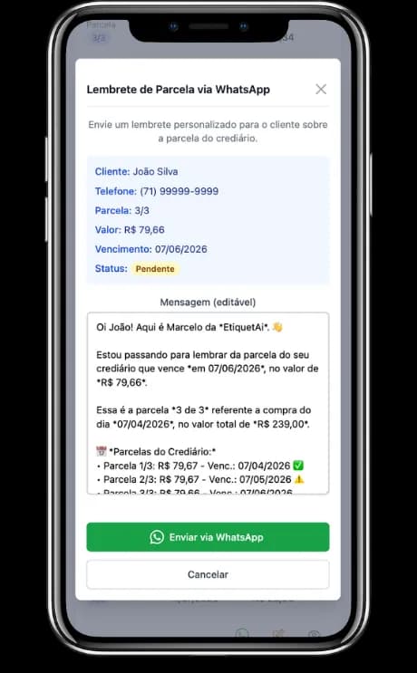 Lembrete de parcela do crediário enviado pelo WhatsApp
