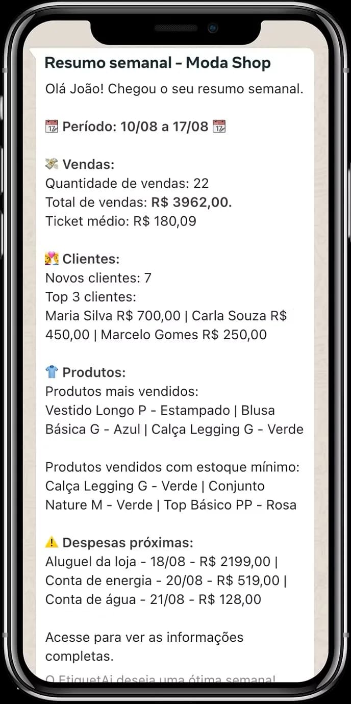 Relatório semanal da loja chegando pelo WhatsApp